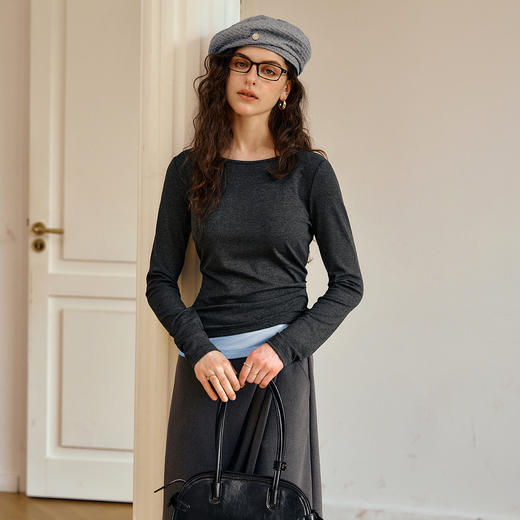 OLrain欧芮儿通勤灰色通勤抽褶设计感T恤女秋季2025新款长袖上衣 商品图0