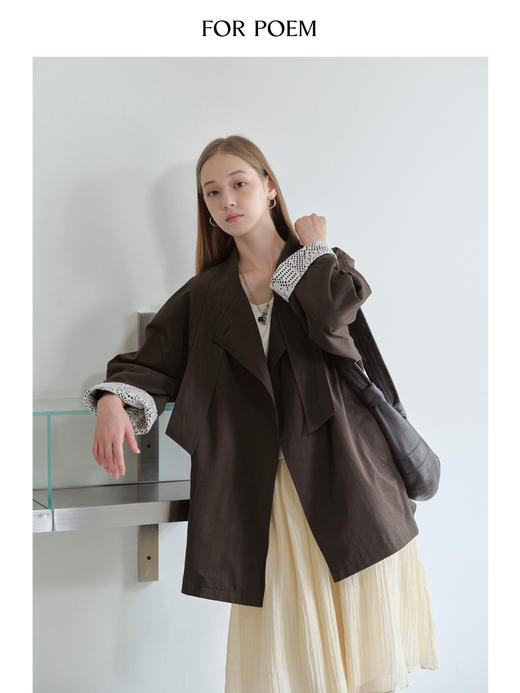 ForPoem 现货 25/FW原创设计系带领口休闲镂空花边袖口风衣外套 商品图2