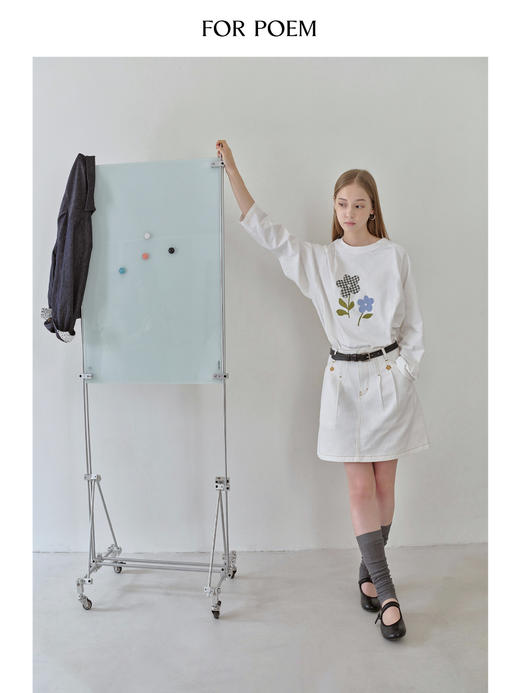 ForPoem 25/FW原创设计100棉格纹花朵印花插肩袖印花T恤上衣 商品图2