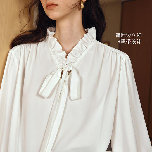 OLrain欧芮儿2025新款女秋季飘带法式雪纺衬衫荷叶边领长袖上衣 商品图1