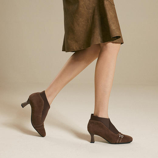 【静音系列】千百度羊皮弹力袜靴女秋冬新款粗高跟时装靴踝靴A25587007 商品图4