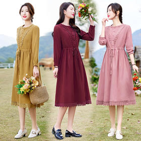 蕾丝花边棉麻，文艺风连衣裙HR-NYMYZ09