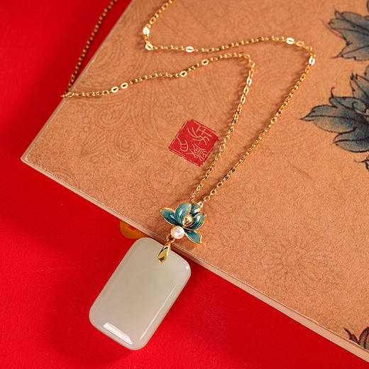 【连连无事】S925银镀金烧蓝莲花无事牌和田玉项链【RP-项链1210】 商品图1