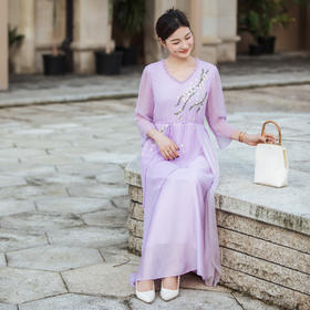 【林栖设计小店】【林栖推荐】幕山紫绣花合欢花天丝真丝不对称桑蚕丝飞片设计连衣裙女N1954111