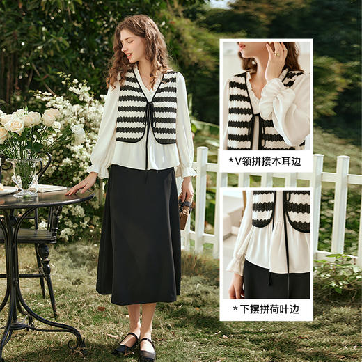 欧芮儿法式黑白条纹马甲拼接雪纺衫女秋季2025新款气质假两件上衣 商品图2