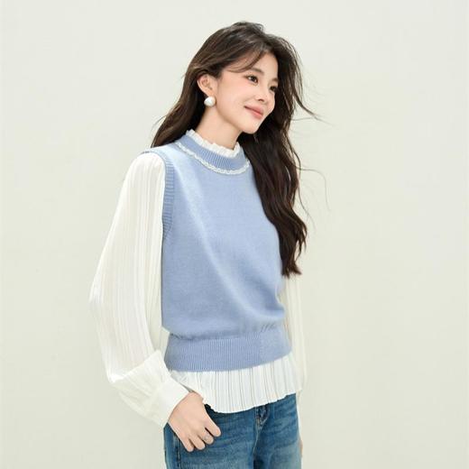 「自」全新升级【铂金会员220/天猫299/差价79】(10321)洛诗琳假两件针织撞色上衣2025秋季新款钉珠针织马甲上衣 商品图1