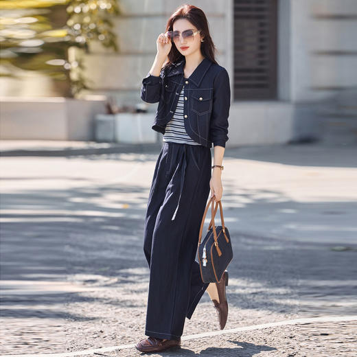 【预售3天】PY-2025夏季新款薄款拼接短袖上衣阔腿长裤天丝牛仔三件套装配腰带OSY&2507 商品图3