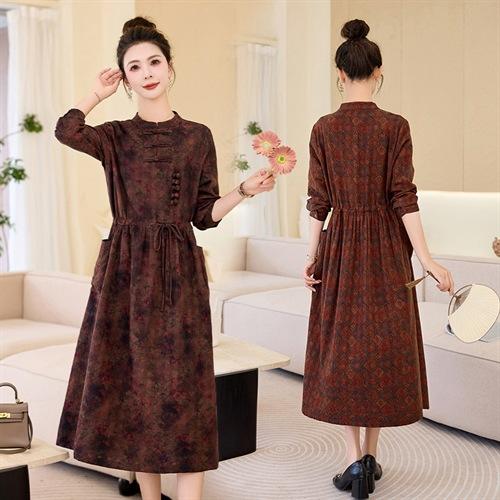 新中式复古盘扣碎花连衣裙，抽绳收腰气质棉麻长裙子HR-NYMYZ3307 商品图0