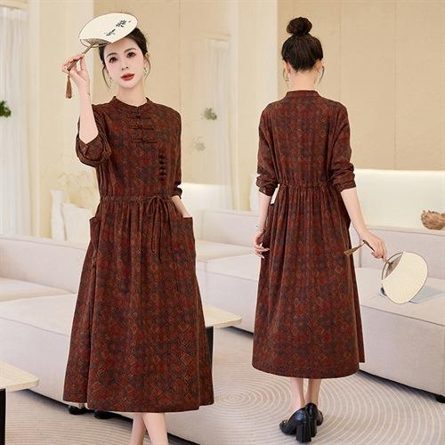 新中式复古盘扣碎花连衣裙，抽绳收腰气质棉麻长裙子HR-NYMYZ3307 商品图3