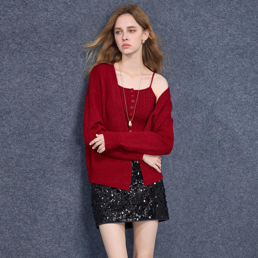 三彩2025秋季新款针织衫套装长袖开衫绞花吊带两件套时髦百搭M 商品图3