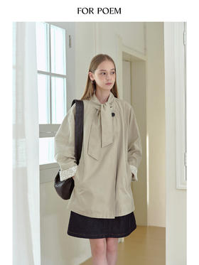 ForPoem 现货 25/FW原创设计系带领口休闲镂空花边袖口风衣外套