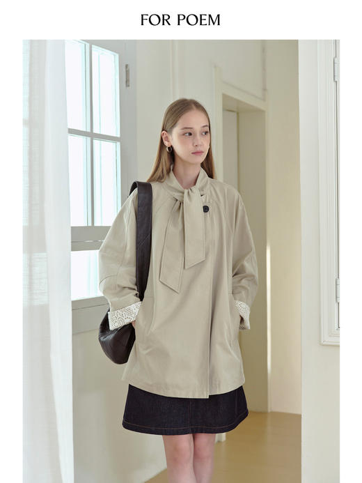 ForPoem 现货 25/FW原创设计系带领口休闲镂空花边袖口风衣外套 商品图0