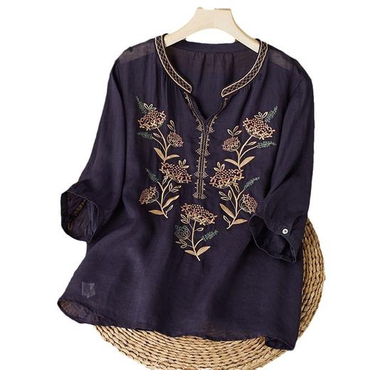 A109-33683368刺绣短袖T恤薄款复古苎麻肌理百搭上衣夏季文艺亲肤细麻衬衫 商品图2