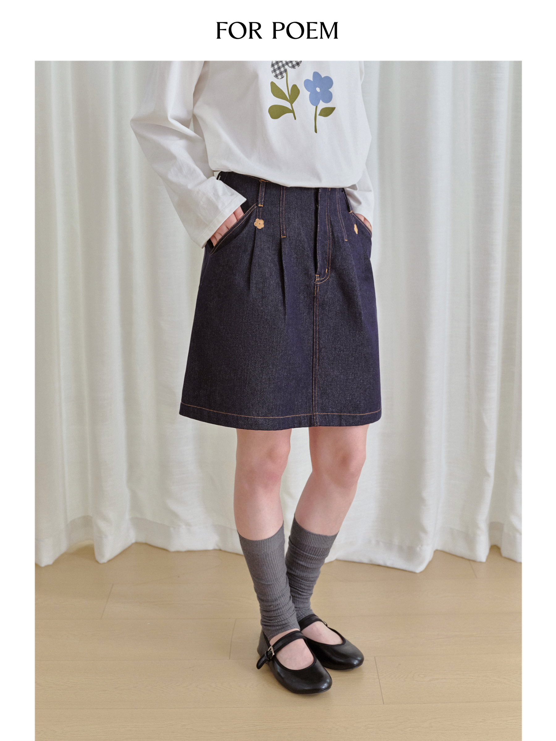 ForPoem 现货 25/FW原创设计复古刺绣花朵明线牛仔短裙女百搭高腰A字半身裙