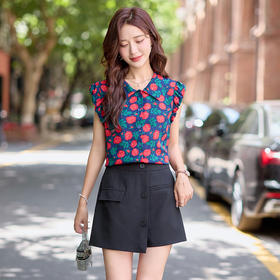 ZNAN66133S港风复古套装女2025夏新款高级感印花衬衫气质小个子短裤两件套潮