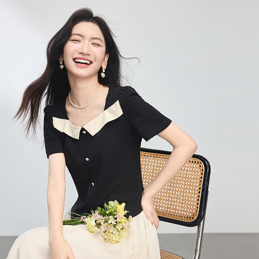 【专属特价】熙世界小香风套装开衩下摆拼色方领T恤上衣+简约半身裙两件套女2025新款 商品图4