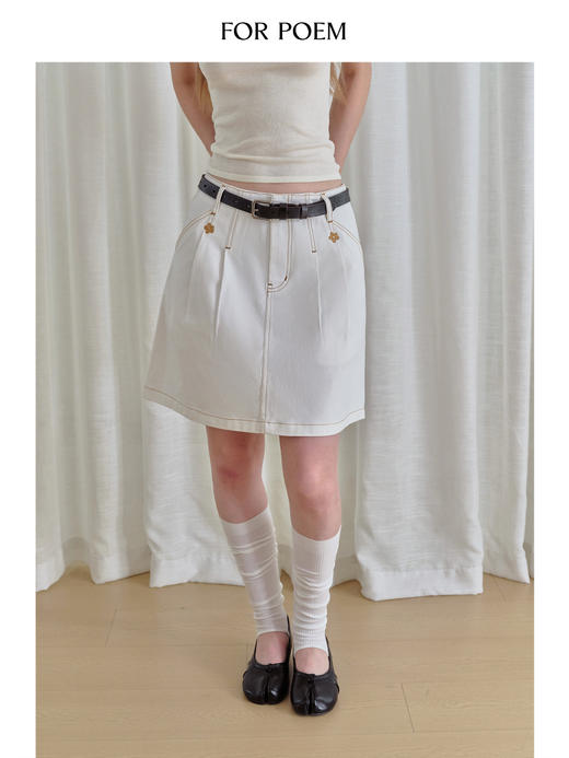 ForPoem 现货 25/FW原创设计复古刺绣花朵明线牛仔短裙女百搭高腰A字半身裙 商品图3