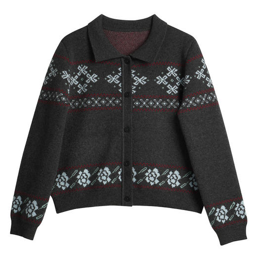 OLrain欧芮儿2025新款女秋季灰色费尔岛提花复古风厚毛织开衫上衣 商品图3