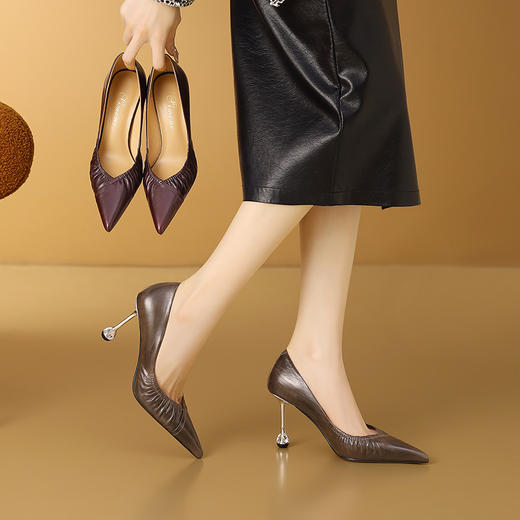 【预售7天】时尚真皮高跟鞋女春秋新款百搭气质尖头名媛细跟浅口单鞋CX&A815 商品图1