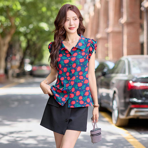 ZNAN66133S港风复古套装女2025夏新款高级感印花衬衫气质小个子短裤两件套潮 商品图2