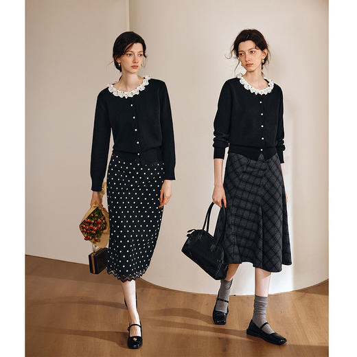 OLrain欧芮儿2025新款女秋季黑色法式荷叶边领毛织开衫精致针织衫 商品图2