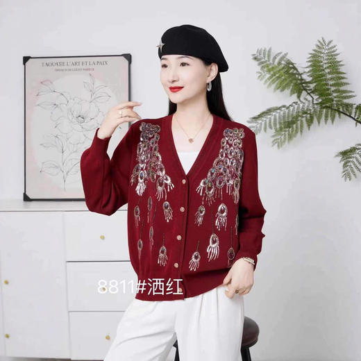 FCY JY8811复古钉珠刺绣针织开衫单排扣V领毛衣 商品图1