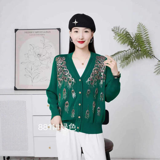 FCY JY8811复古钉珠刺绣针织开衫单排扣V领毛衣 商品图4