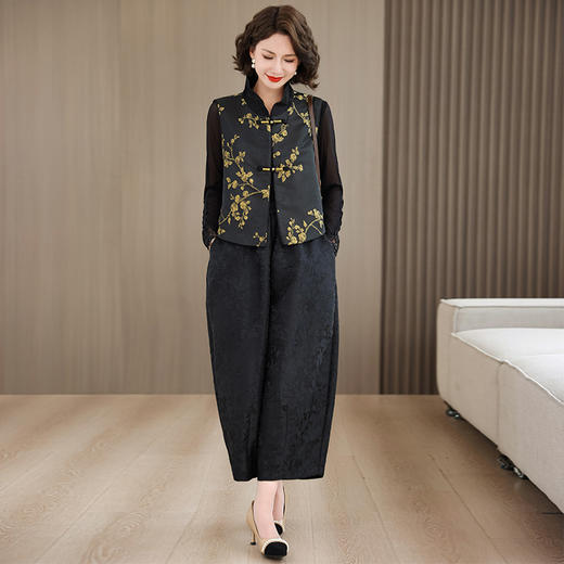 KQL422H81332025秋季新款休闲百搭花苞阔腿裤女时尚洋气马甲两件套 商品图0