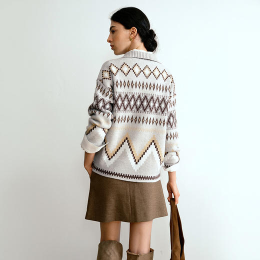 OLrain欧芮儿2025新款女秋季费尔岛复古几何毛织套头衫宽松上衣 商品图2