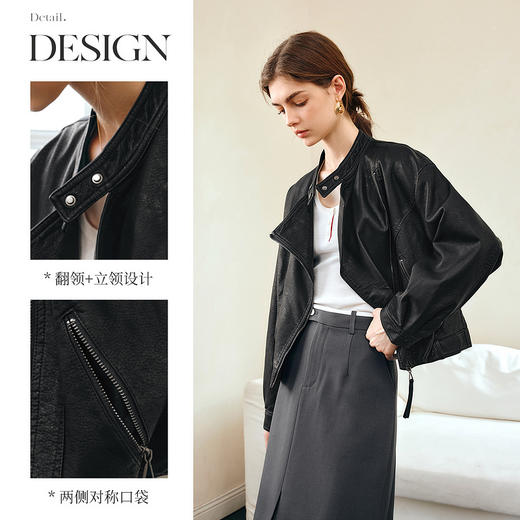 OLrain欧芮儿黑色短外套女秋季2025新款复古设计感不规则夹克皮衣 商品图1