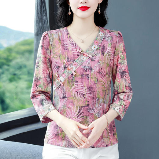 KQLB41N6589新款2025夏季复古国风短袖翻领印花宽松显瘦修身大码上衣女 商品图2
