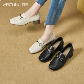 西遇粗跟乐福鞋女新款秋季复古金扣方头通勤单鞋中跟小皮鞋V1857106