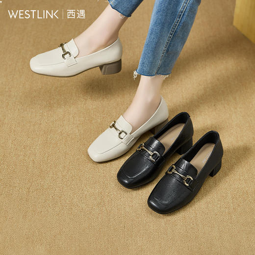 西遇粗跟乐福鞋女新款秋季复古金扣方头通勤单鞋中跟小皮鞋V1857106 商品图0