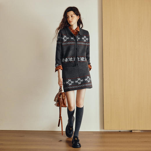 OLrain欧芮儿2025新款女秋季灰色费尔岛提花复古风厚毛织开衫上衣 商品图1