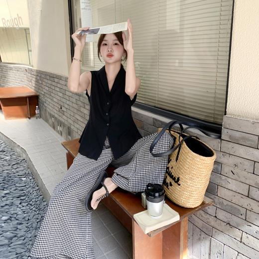 实拍御姐风黑色T恤格纹阔腿裤套装两件套女夏季温柔系又a又飒穿搭 商品图2