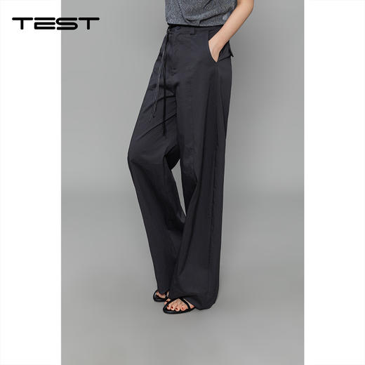 秋上新深灰色垂坠感阔腿侧边抽绳设计宽松休闲长裤3253011 商品图0