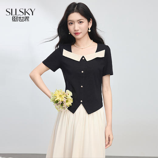 【专属特价】熙世界小香风套装开衩下摆拼色方领T恤上衣+简约半身裙两件套女2025新款 商品图0