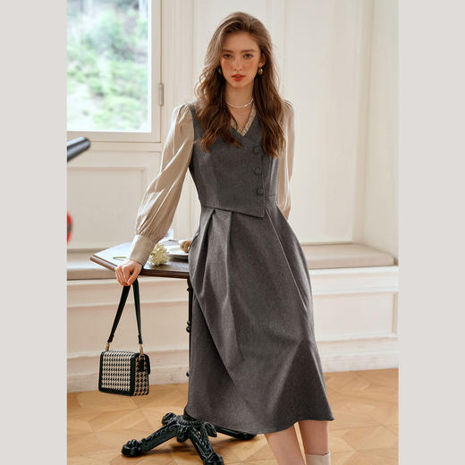 OLrain欧芮儿法式假两件连衣裙女秋季2025新款收腰显瘦通勤长裙子 商品图0