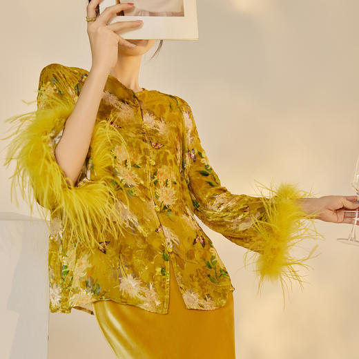 SS N7048新中式国风提花袖口羽毛拼接设计外套半裙套装 商品图2
