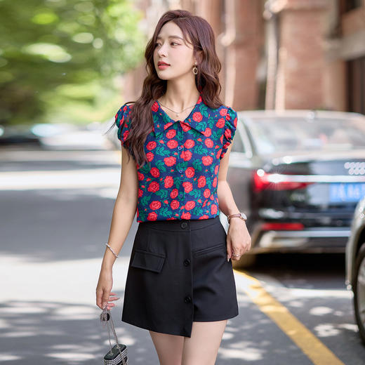 ZNAN66133S港风复古套装女2025夏新款高级感印花衬衫气质小个子短裤两件套潮 商品图1