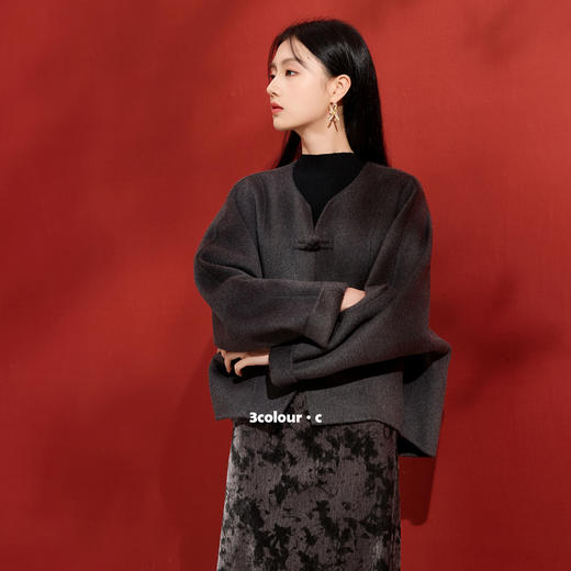 三彩【冷月浮光】2025冬季新款双面呢大衣绵羊毛呢短款中式外套C 商品图1