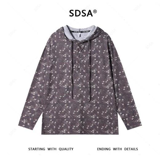 T4606SDSA男士秋冬新款轻奢痞帅男装撞色植物花卉半纽扣连帽长袖T恤潮 商品图1