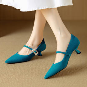 【预售5天】羊反绒！蓝色显白小高跟鞋新款尖头浅口法式一字带中跟单鞋女DB&M6539
