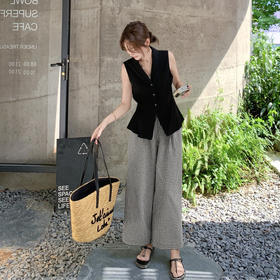 实拍御姐风黑色T恤格纹阔腿裤套装两件套女夏季温柔系又a又飒穿搭