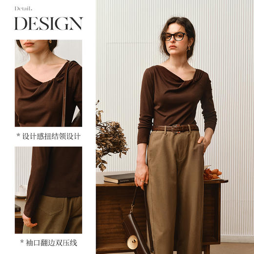 OLrain欧芮儿2025新款女秋季法式咖色设计感扭结领T恤长袖上衣 商品图1