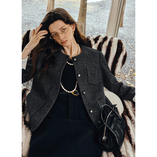 OLrain欧芮儿2025新款女秋季通勤灰色小香风设计感毛呢短外套上衣 商品图0