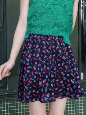 TYNVIE 层叠荷叶边短裙 - 黑色印花