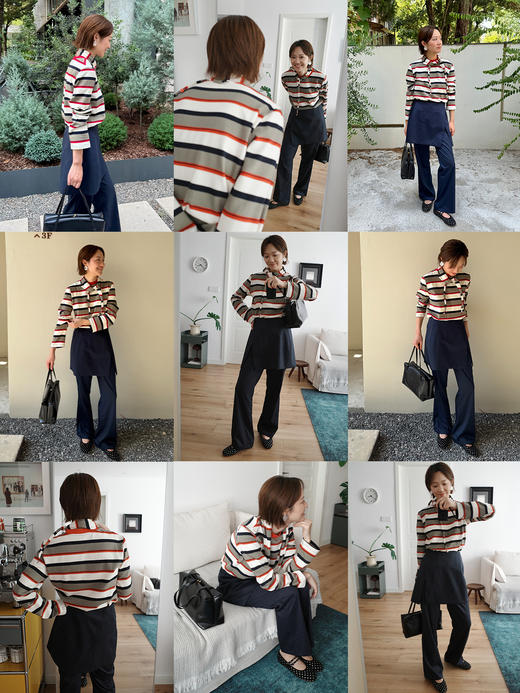 HIDEMI 趣味撞色条纹自然色织纯棉分体领巾设计感两件套长袖T 商品图2