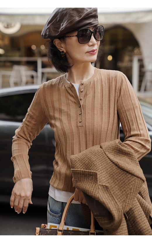 🍭🍭【MOMOTIABIN圆领系扣半开坑条针织精纺羊毛衫HJZXZ192】😁让人眼前一亮的百搭冠军，💗三*木同款本期Bl入的一款，高级面料柔软舒适，🌟透气性好 商品图0