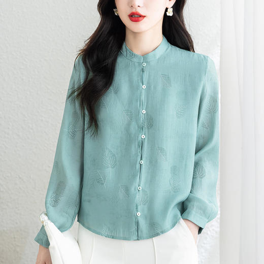 KQL 369H9972天丝长袖衬衫复古立领修身显瘦时尚上衣 商品图2
